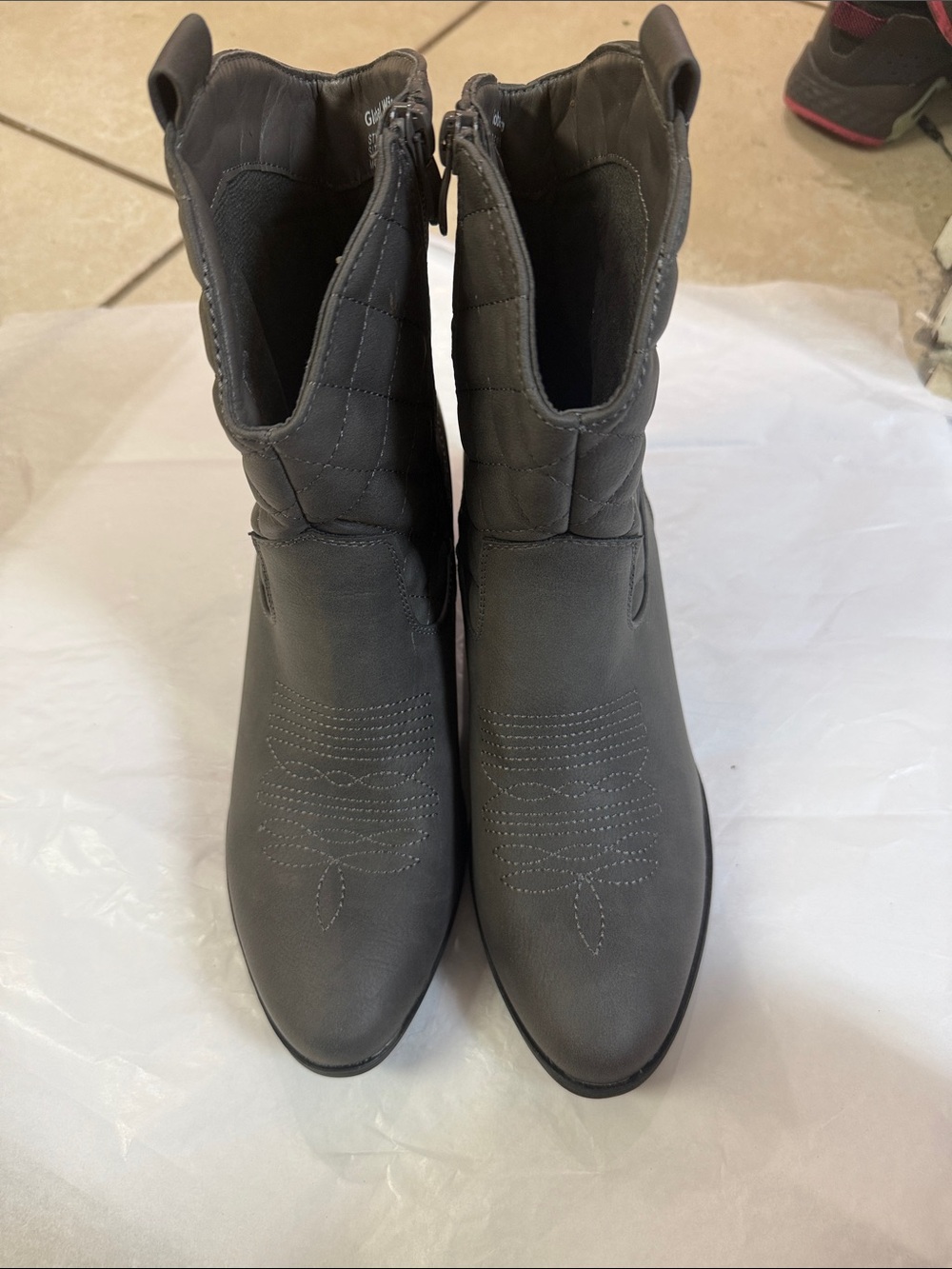 Global Win Gray Quilted Ankle Booties with Western Stitching